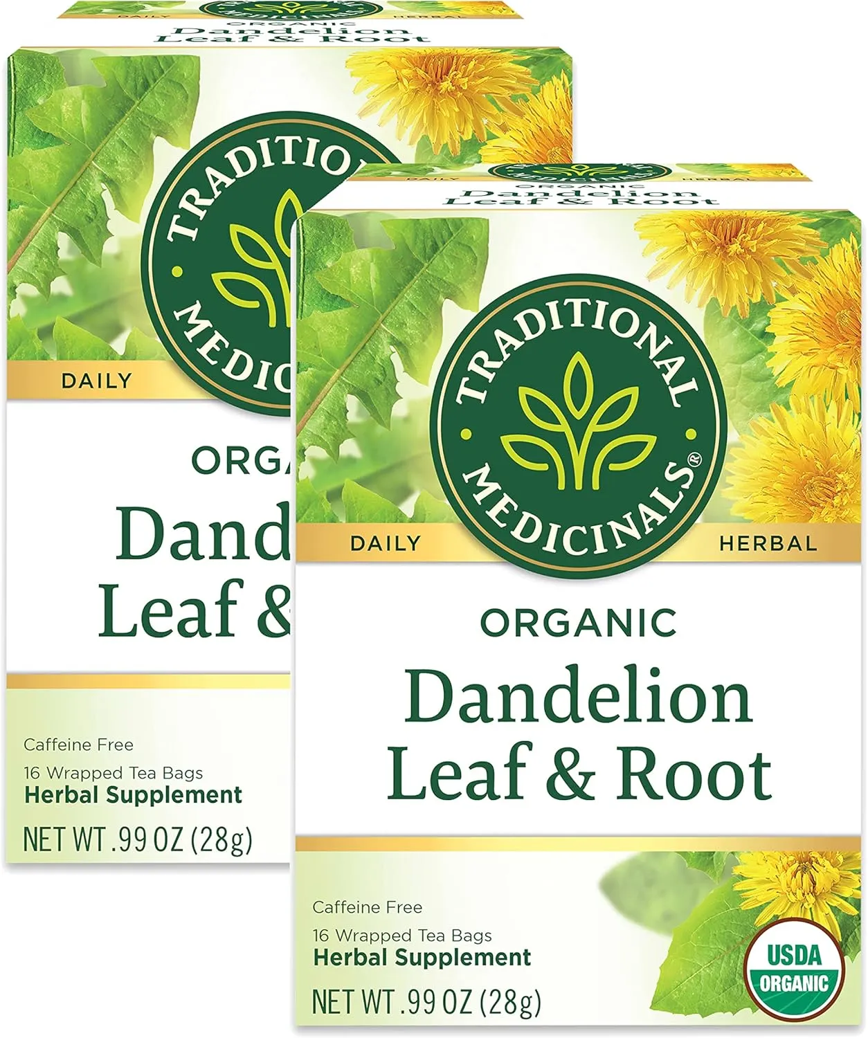 Traditional Medicinals Organic Dandelion Leaf & Root Herbal Tea, Supports Kidney Function & Healthy Digestion, (Pack of 2) - 32 Tea Bags Total