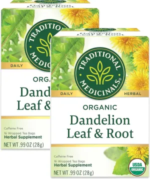 Traditional Medicinals Organic Dandelion Leaf & Root Herbal Tea, Supports Kidney Function & Healthy Digestion, (Pack of 2) - 32 Tea Bags Total
