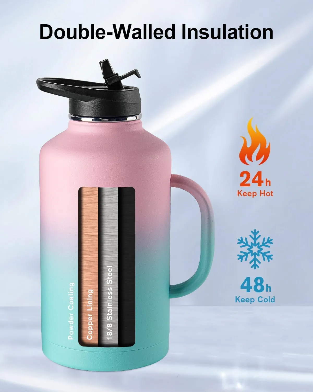 Trebo 64oz Water Bottle Insulated with Straw &2 Lids, Half Gallon Double Wall Vacuum Stainless Steel Metal Large Jug with Handle, Wide Mouth Coffee Flask Mug with Carry Pouch, Keep Cold Hot, Pink