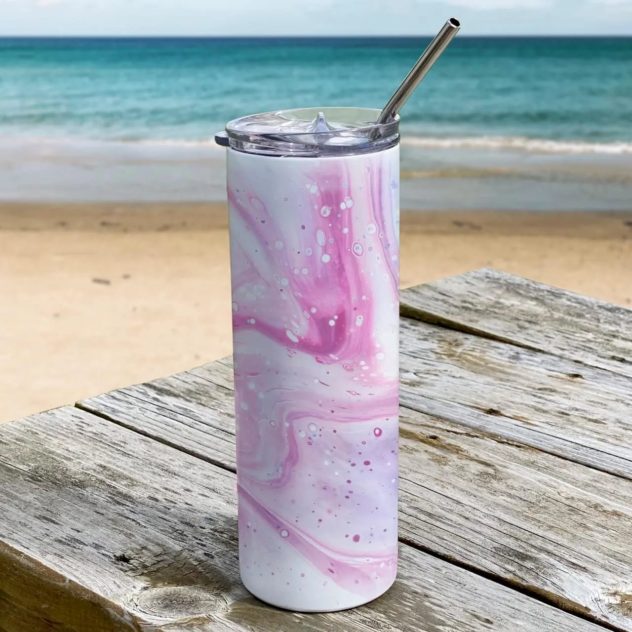Trend Setters Tie Dye Art – Blue and Pink Marble – One 20 oz Stainless Steel Travel Tumbler with Straw – Double Wall Vacuum Insulation– Keep Beverages Cold For Up to 18 Hours or Hot for 6 Hours
