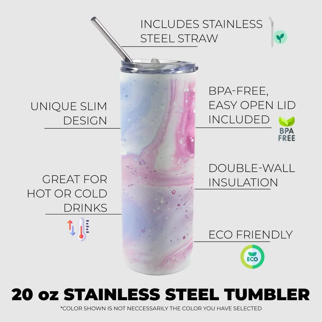 Trend Setters Tie Dye Art – Blue and Pink Marble – One 20 oz Stainless Steel Travel Tumbler with Straw – Double Wall Vacuum Insulation– Keep Beverages Cold For Up to 18 Hours or Hot for 6 Hours