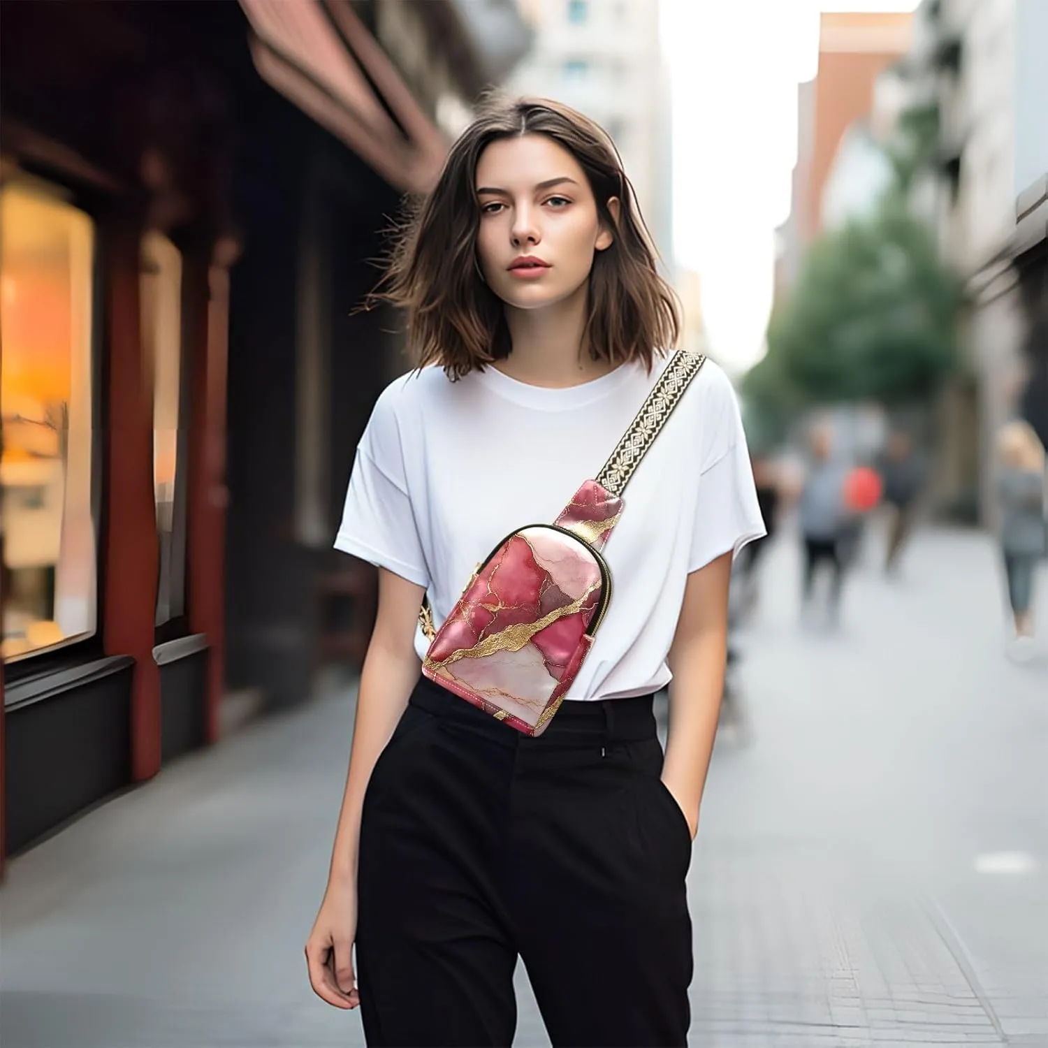 Trendy Marble Blush Red Cross Body Bag Lightweight Large Fanny Packs for for Travel