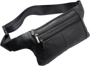 Triple Pocket fanny pack Genuine Leather waist bag slim shoulder bag Hip Purse Adjustable Belt strap Casual Pouch Outdoor Day bag (Black)