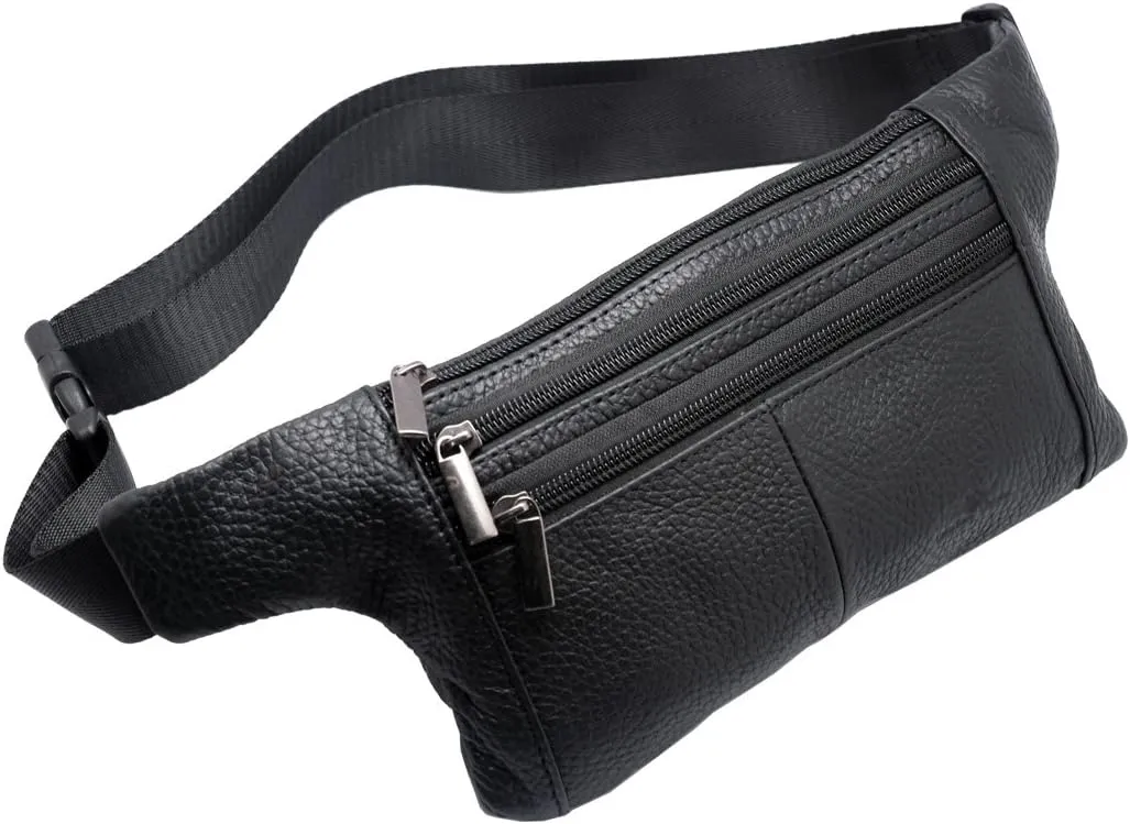 Triple Pocket fanny pack Genuine Leather waist bag slim shoulder bag Hip Purse Adjustable Belt strap Casual Pouch Outdoor Day bag (Black)