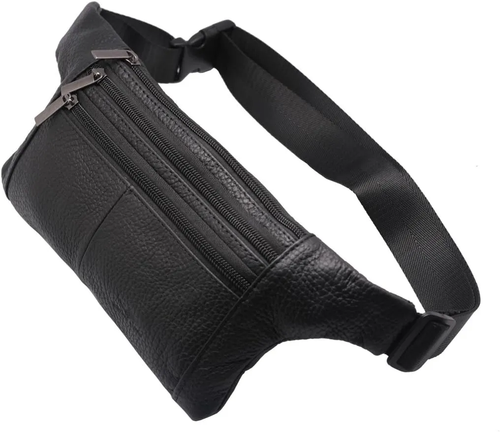 Triple Pocket fanny pack Genuine Leather waist bag slim shoulder bag Hip Purse Adjustable Belt strap Casual Pouch Outdoor Day bag (Black)