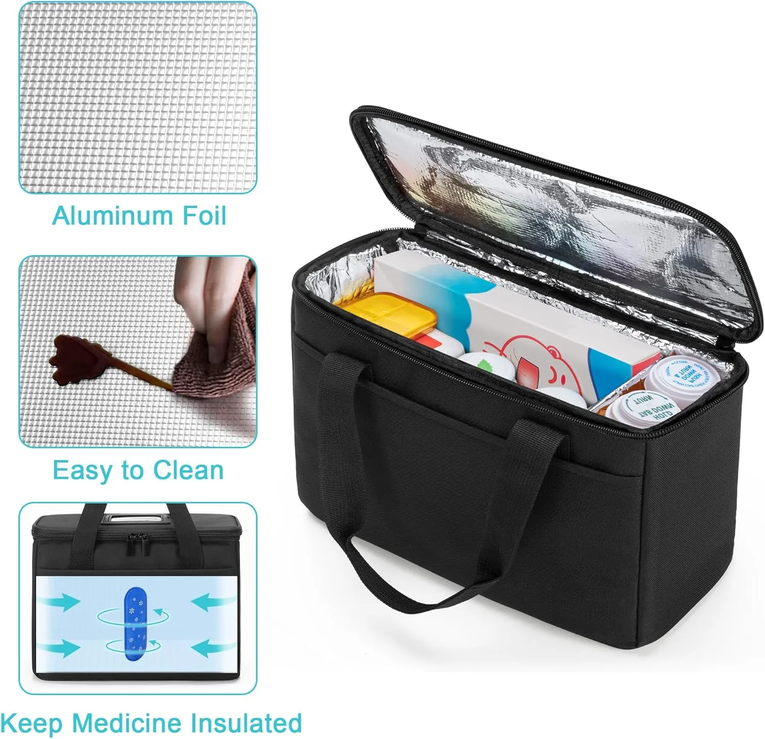 Trunab First Aid Bag Empty Small Medicine Storage Case, Insulated Medication Cooler Bag, Travel Pill Bottle Organizer for Prescription, Insulin, Supplements or Medical Supplies, Black(Bag Only)