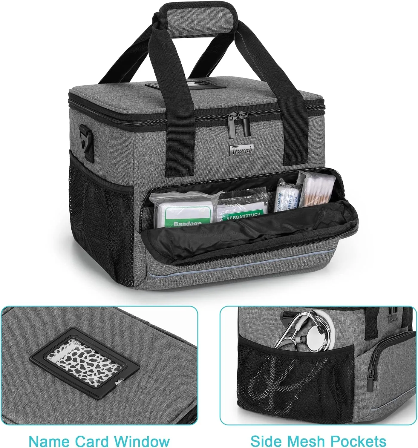 Trunab Insulated Medical Bag with Adjustable Dividers, Medicine Supplies Water-Resistant Bag for Home, Travel, Camping, Empty Bag - Patented Design,Grey