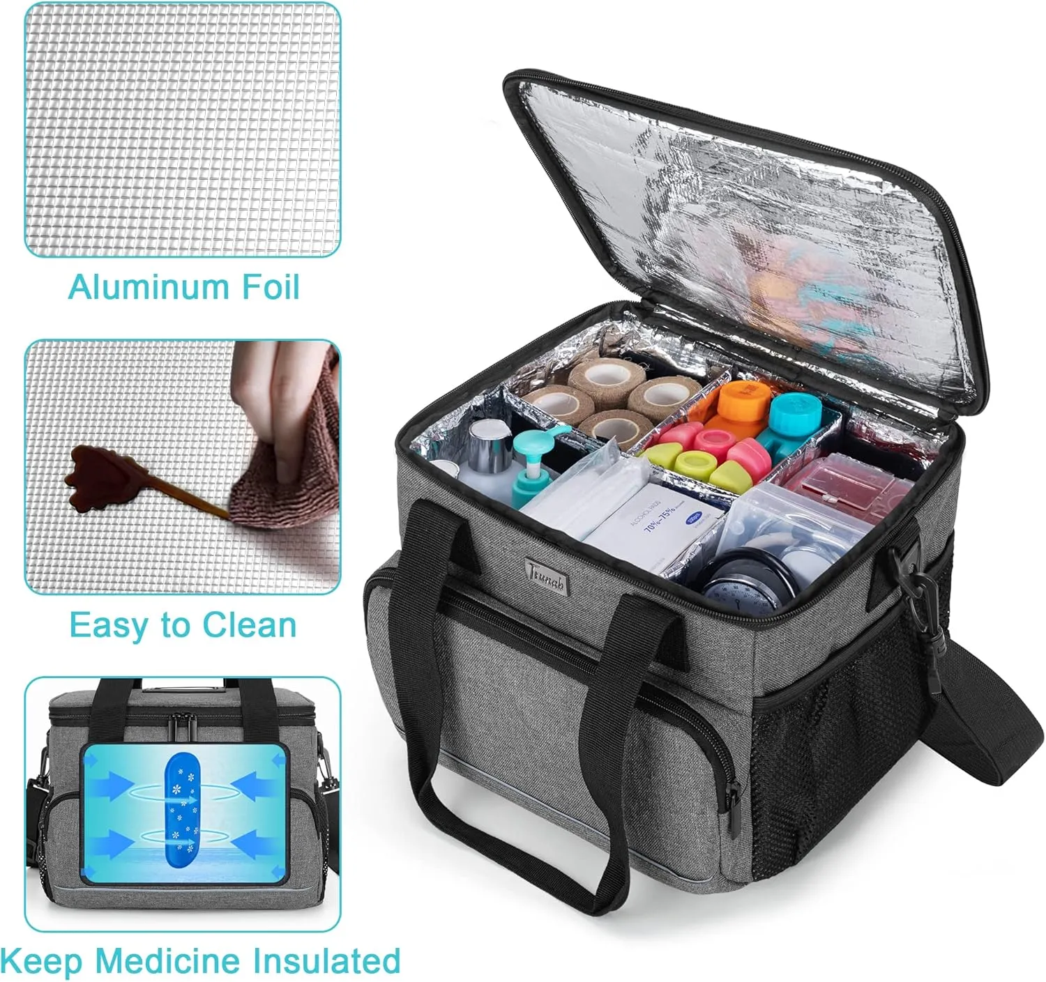 Trunab Insulated Medical Bag with Adjustable Dividers, Medicine Supplies Water-Resistant Bag for Home, Travel, Camping, Empty Bag - Patented Design,Grey