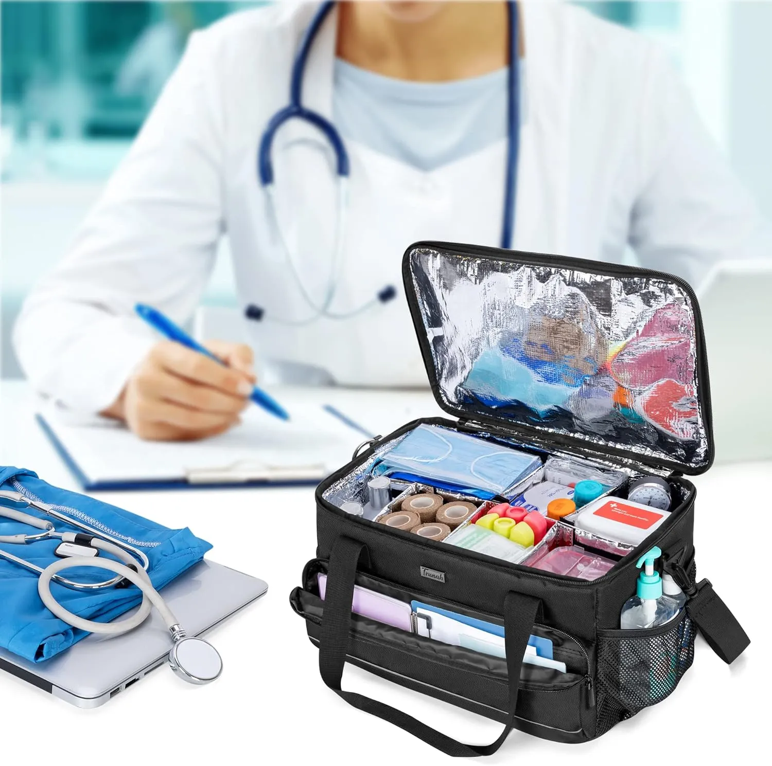 Trunab Large Insulated Medical Bag with Adjustable Dividers, Easy Clean Trauma Bag, Medicine Supplies Storage Bag for Home, Travel, Camping, Bag Only - Patented Design, Black