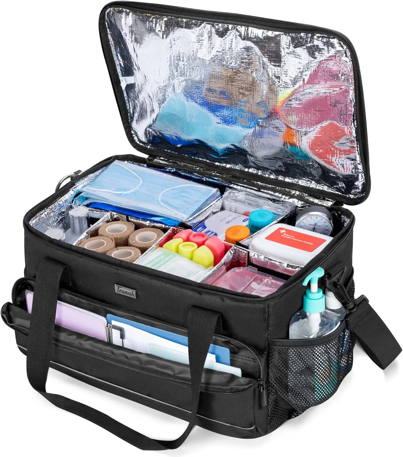 Trunab Large Insulated Medical Bag with Adjustable Dividers, Easy Clean Trauma Bag, Medicine Supplies Storage Bag for Home, Travel, Camping, Bag Only - Patented Design, Black