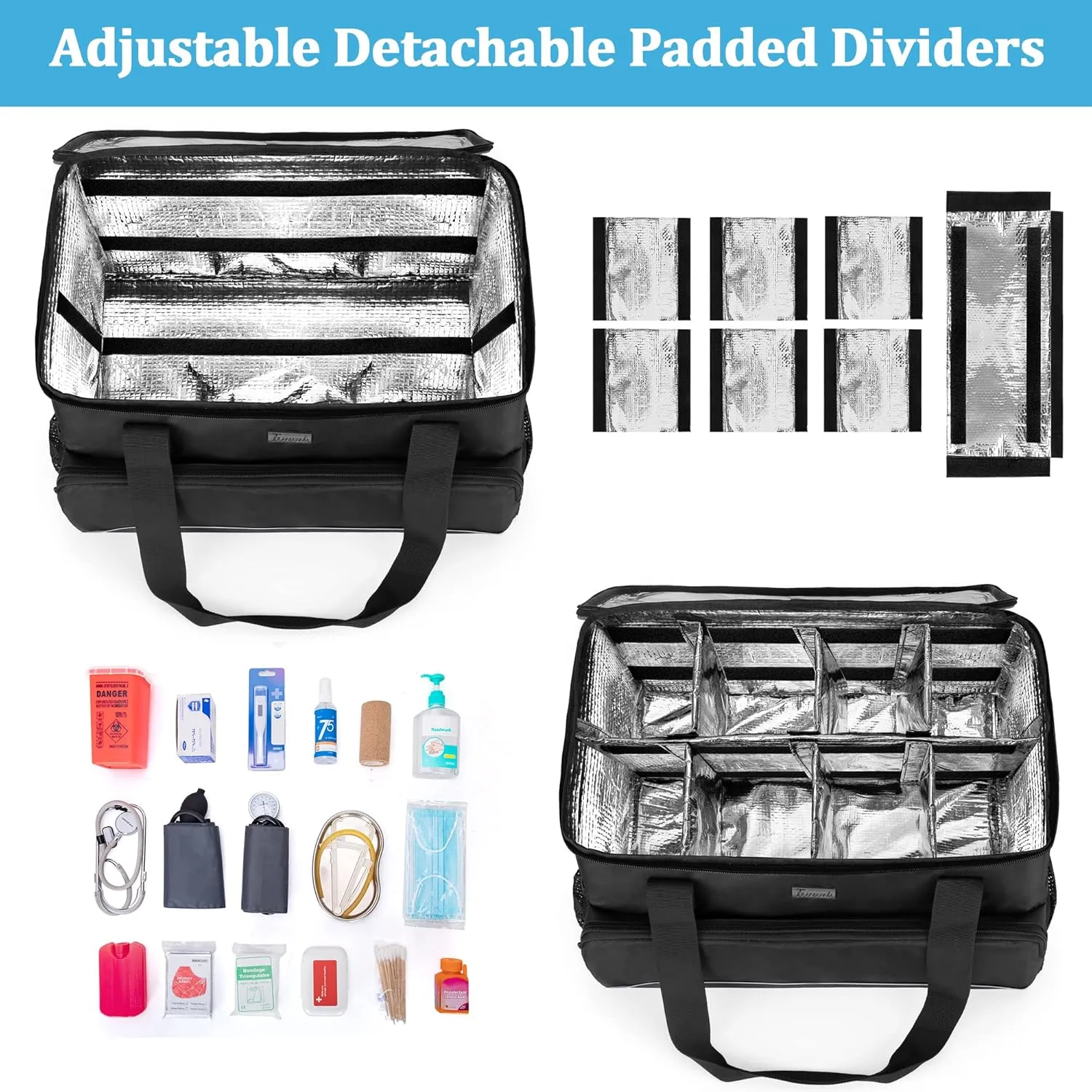 Trunab Large Insulated Medical Bag with Adjustable Dividers, Easy Clean Trauma Bag, Medicine Supplies Storage Bag for Home, Travel, Camping, Bag Only - Patented Design, Black