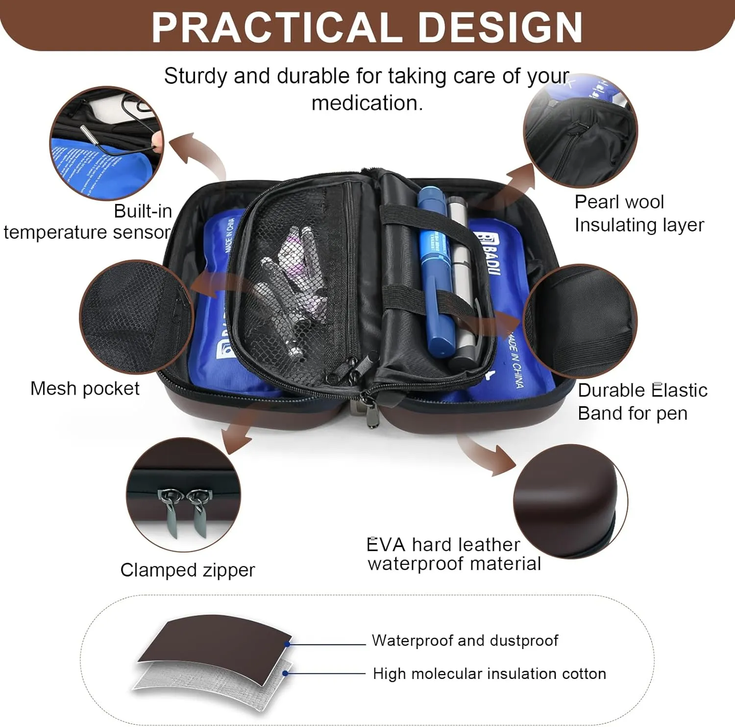 TSA Approved Insulin Cooler Travel Case Medication Cooler for Travel with Thermometer Temperature Display Diabetic Medication Organizer Medical Travel Cooler Bag with 2 Ice Pack (Brown)