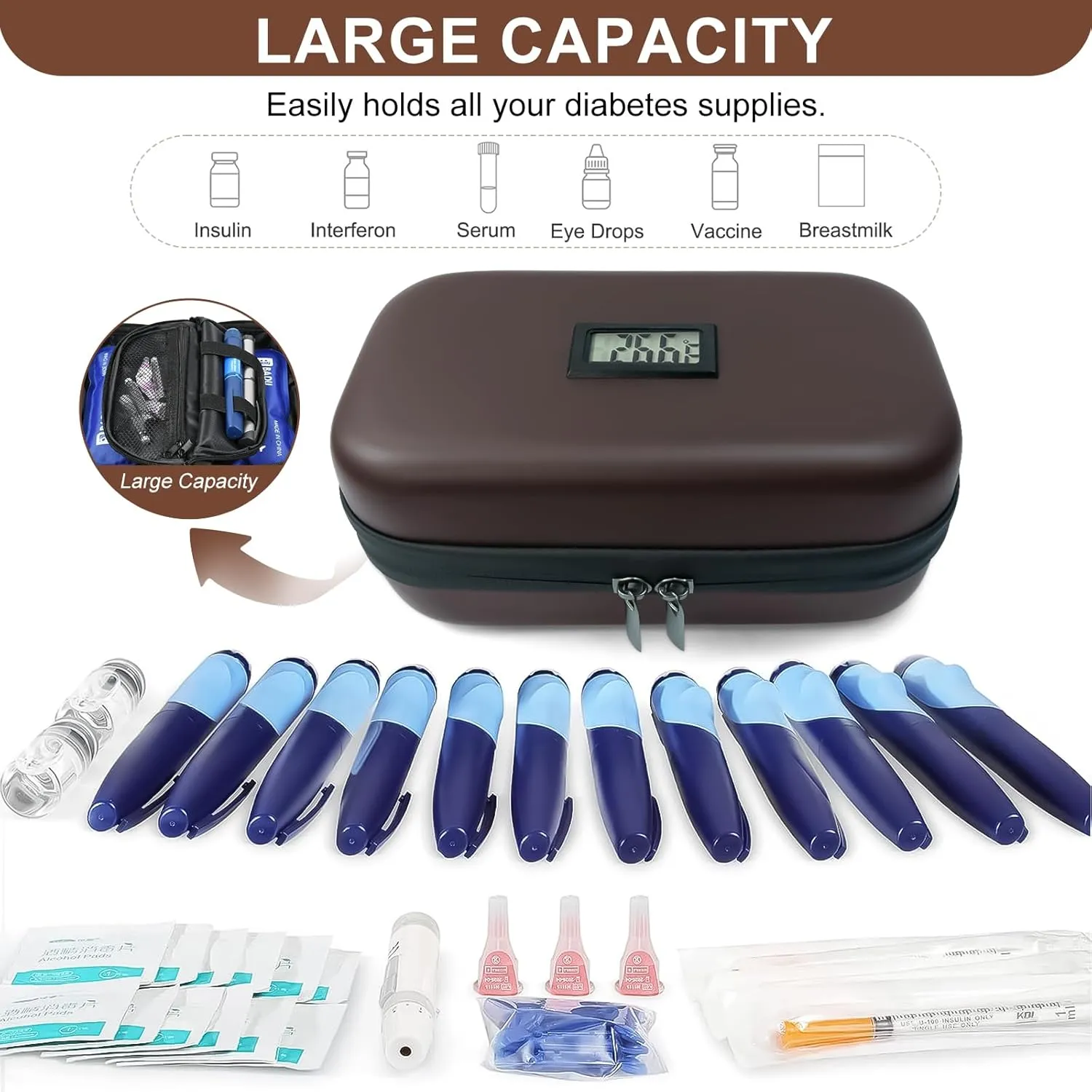 TSA Approved Insulin Cooler Travel Case Medication Cooler for Travel with Thermometer Temperature Display Diabetic Medication Organizer Medical Travel Cooler Bag with 2 Ice Pack (Brown)