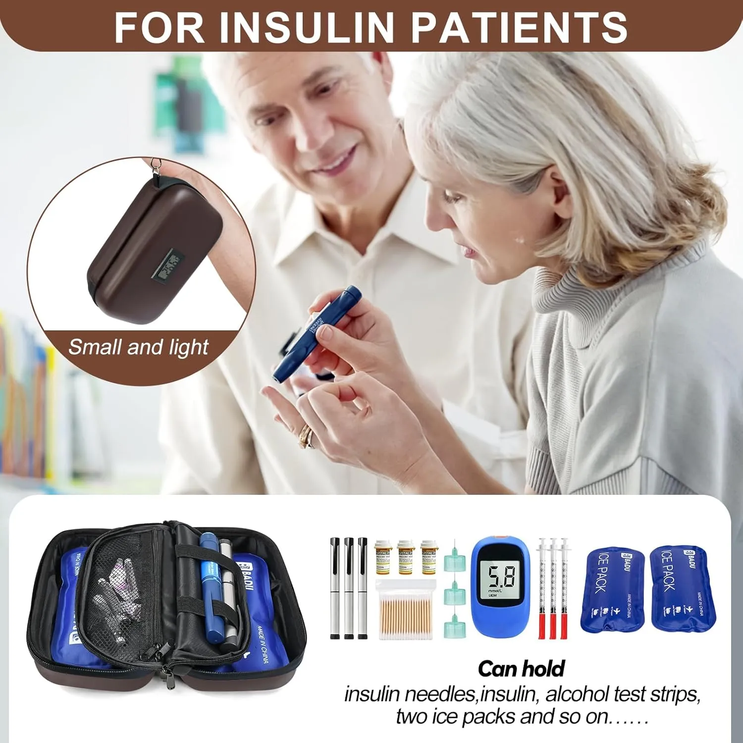 TSA Approved Insulin Cooler Travel Case Medication Cooler for Travel with Thermometer Temperature Display Diabetic Medication Organizer Medical Travel Cooler Bag with 2 Ice Pack (Brown)