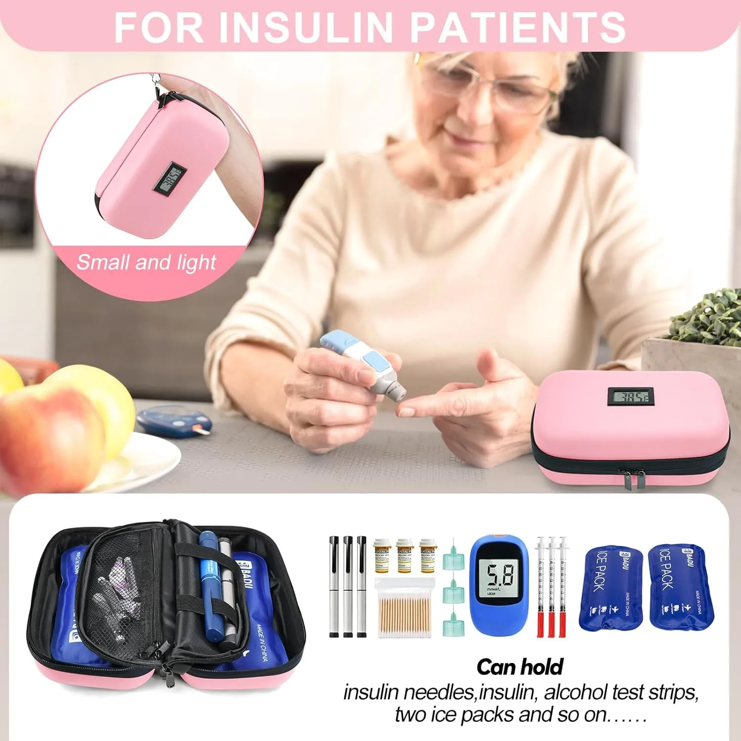 TSA Approved Insulin Cooler Travel Case Medication Cooler for Travel with Thermometer Temperature Display Diabetic Medication Organizer Medical Travel Cooler Bag with 2 Ice Pack