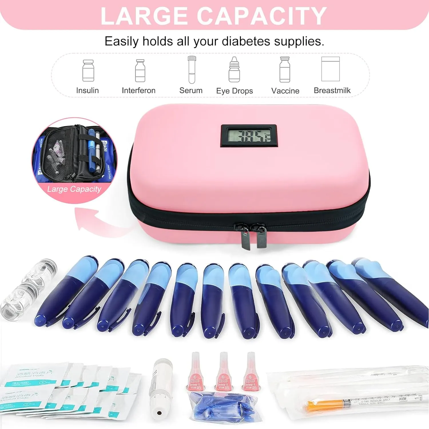 TSA Approved Insulin Cooler Travel Case Medication Cooler for Travel with Thermometer Temperature Display Diabetic Medication Organizer Medical Travel Cooler Bag with 2 Ice Pack
