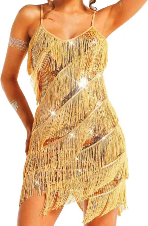 TWINKLEDE Layered Tassel Dress for Women 1920s Flapper Dresses Glitter Latin Samba Tango Dance Costumes
