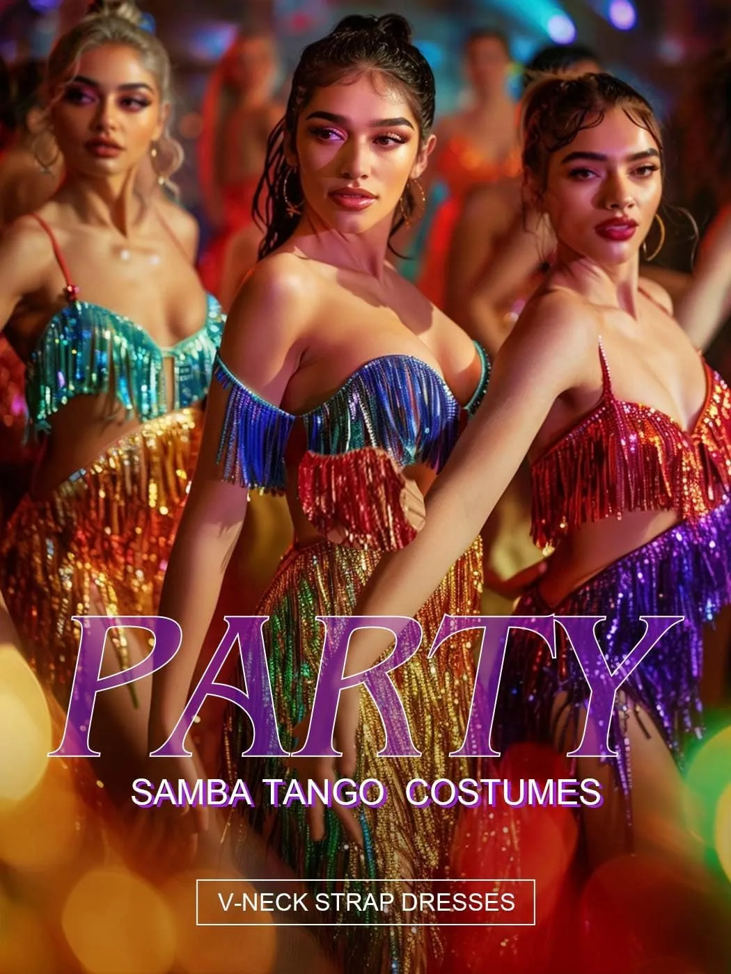 TWINKLEDE Sequin Tassel Dress for Women Sparkly Fringe V-Neck Strap Dresses Glitter Latin Samba Tango Dance Costumes