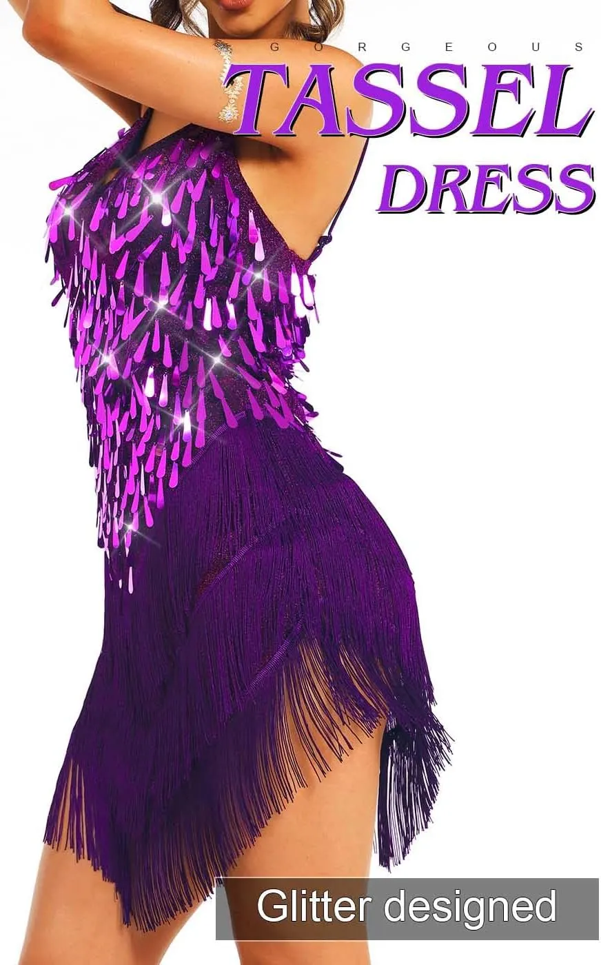TWINKLEDE Sequin Tassel Dress for Women Sparkly Fringe V-Neck Strap Dresses Glitter Latin Samba Tango Dance Costumes