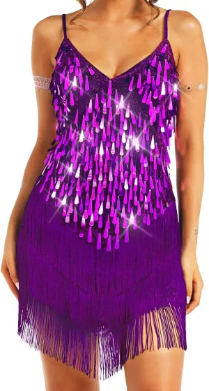 TWINKLEDE Sequin Tassel Dress for Women Sparkly Fringe V-Neck Strap Dresses Glitter Latin Samba Tango Dance Costumes