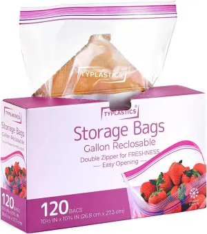 TYPLASTICS Gallon Food Storage Freezer Bags, Double Zipper for Freshness, Easy Open Design, Reclosable, 120 Count