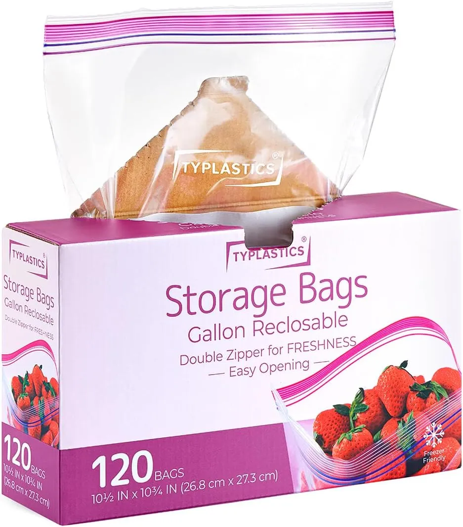 TYPLASTICS Gallon Food Storage Freezer Bags, Double Zipper for Freshness, Easy Open Design, Reclosable, 120 Count