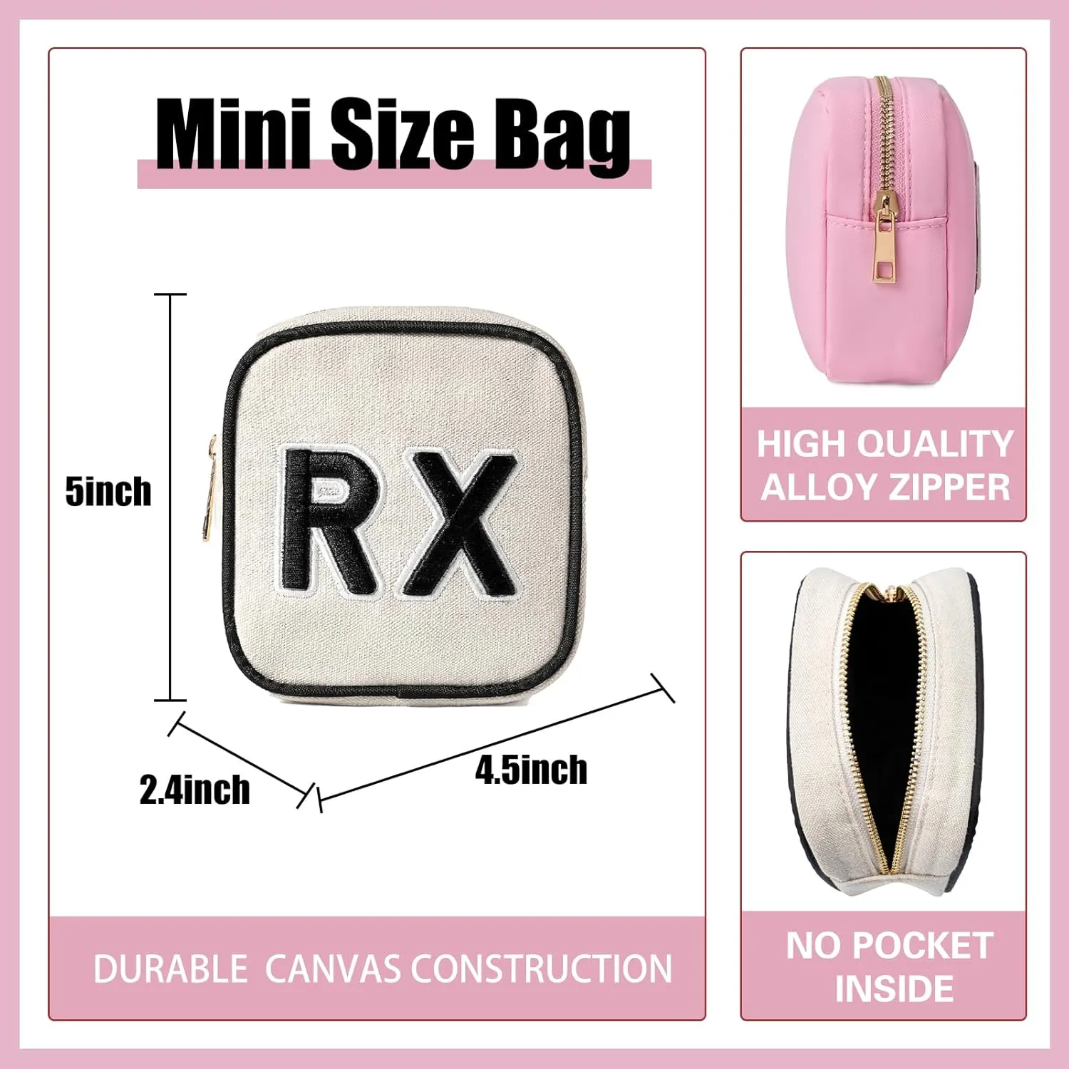 uekeboag Personalized Small Canvas Medicine Cosmetic Bag, Cute Plaid Pattern Chenille Letter Patch RX Drug Pouch with Zipper, Makeup Travel Gift Bag for Women and Girls (11Beige Canvas)