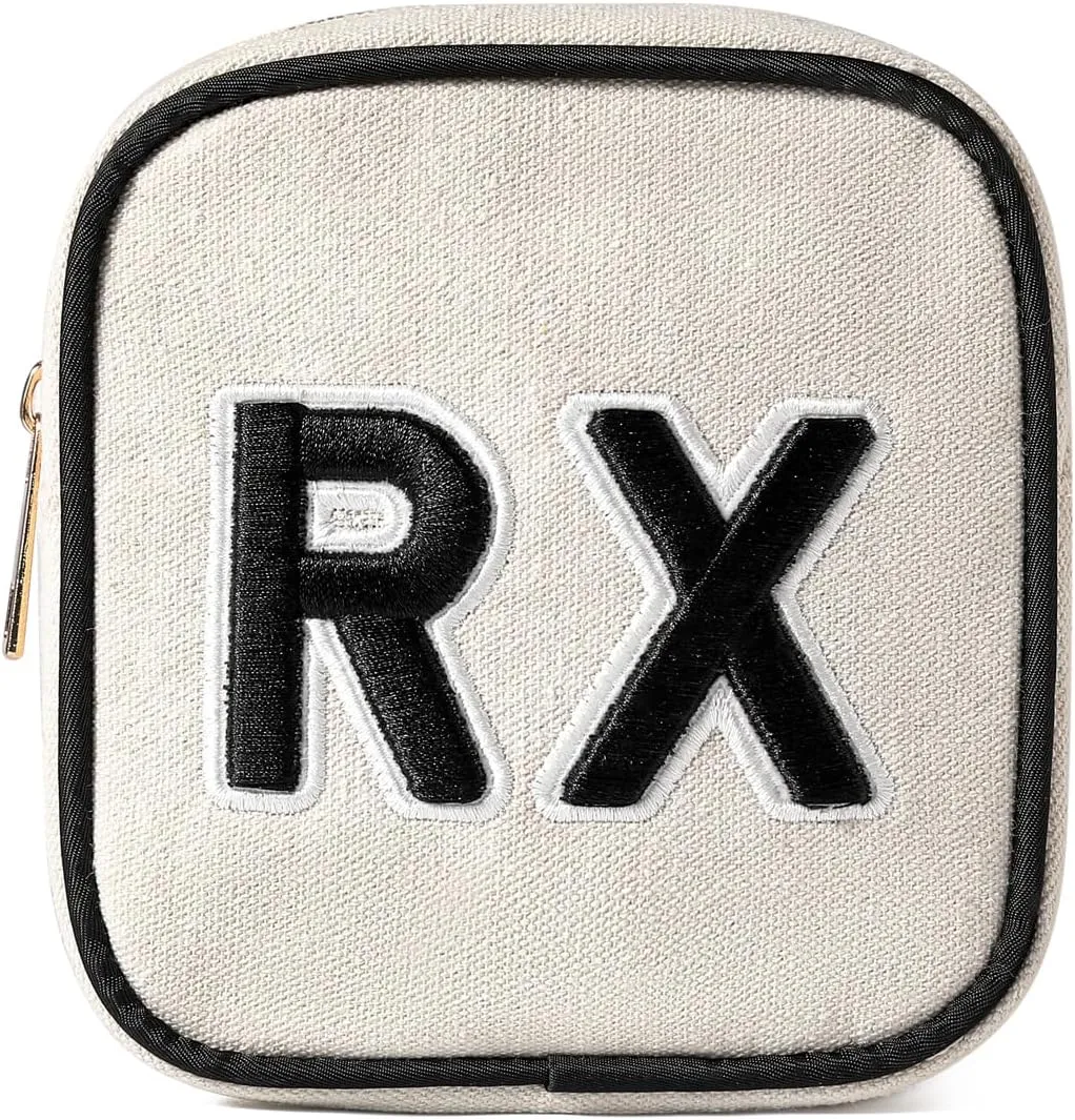 uekeboag Personalized Small Canvas Medicine Cosmetic Bag, Cute Plaid Pattern Chenille Letter Patch RX Drug Pouch with Zipper, Makeup Travel Gift Bag for Women and Girls (11Beige Canvas)
