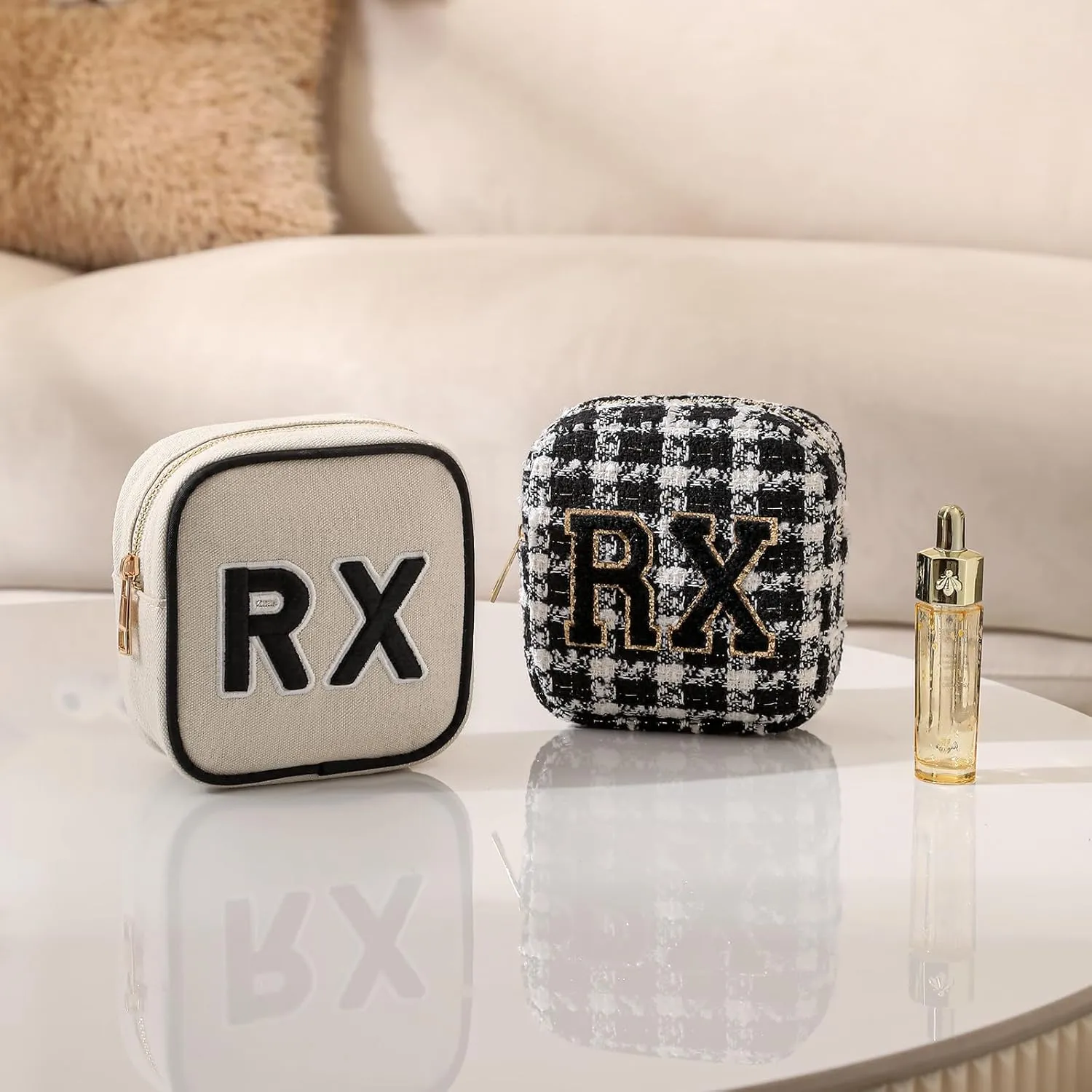 uekeboag Personalized Small Canvas Medicine Cosmetic Bag, Cute Plaid Pattern Chenille Letter Patch RX Drug Pouch with Zipper, Makeup Travel Gift Bag for Women and Girls (11Beige Canvas)