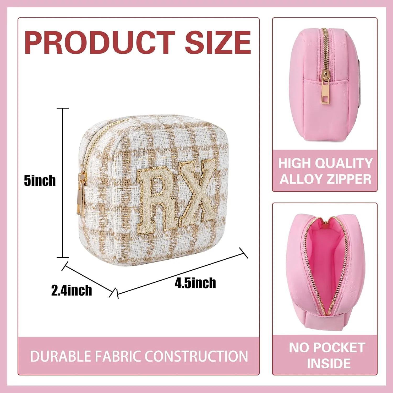 uekeboag Personalized Small Checkered Medicine Cosmetic Bag, Cute Plaid Pattern Chenille Letter Patch RX Drug Pouch with Zipper, Makeup Travel Gift Bag for Women and Girls (07Checkered)