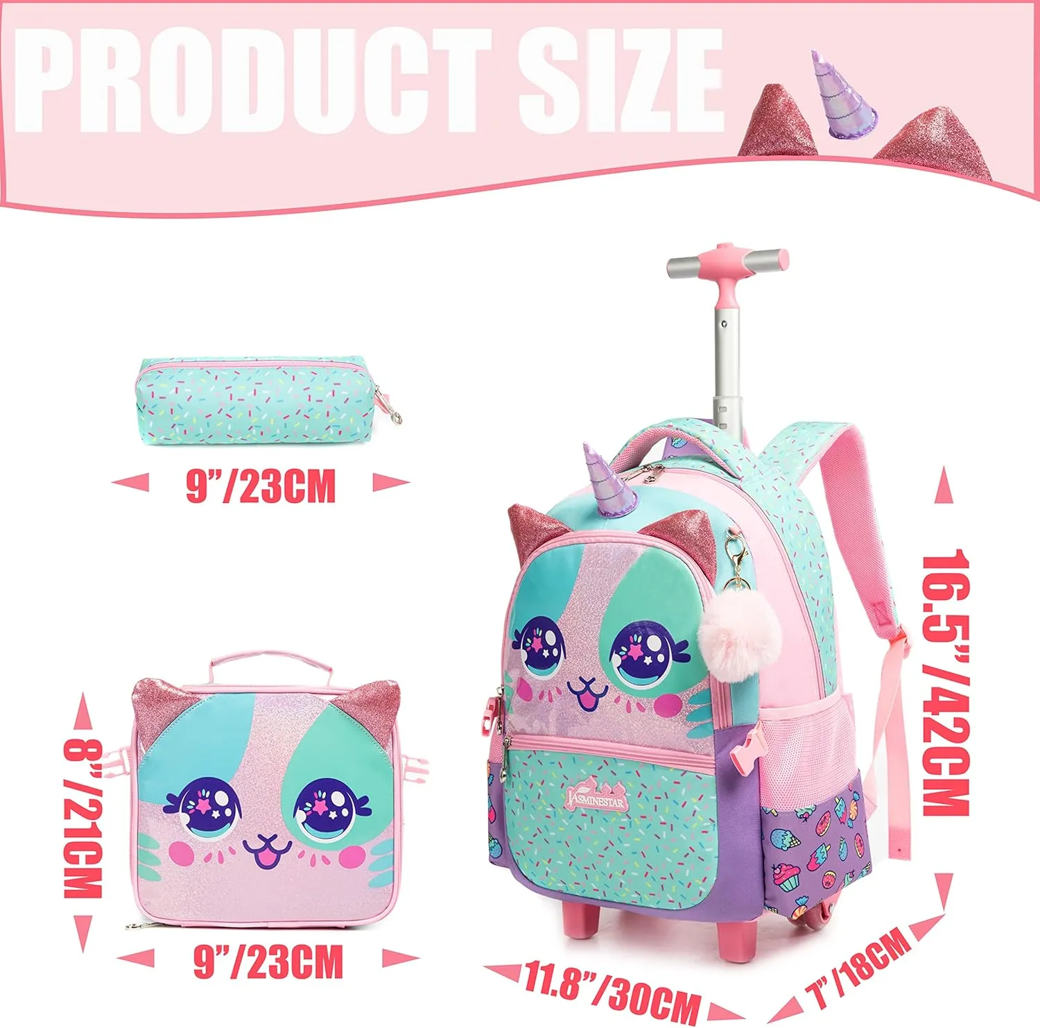 Unicorn Roller Backpack with Wheels Set for Elementary Students Carry on Luggage Bookbag with Roller for Girls Kids
