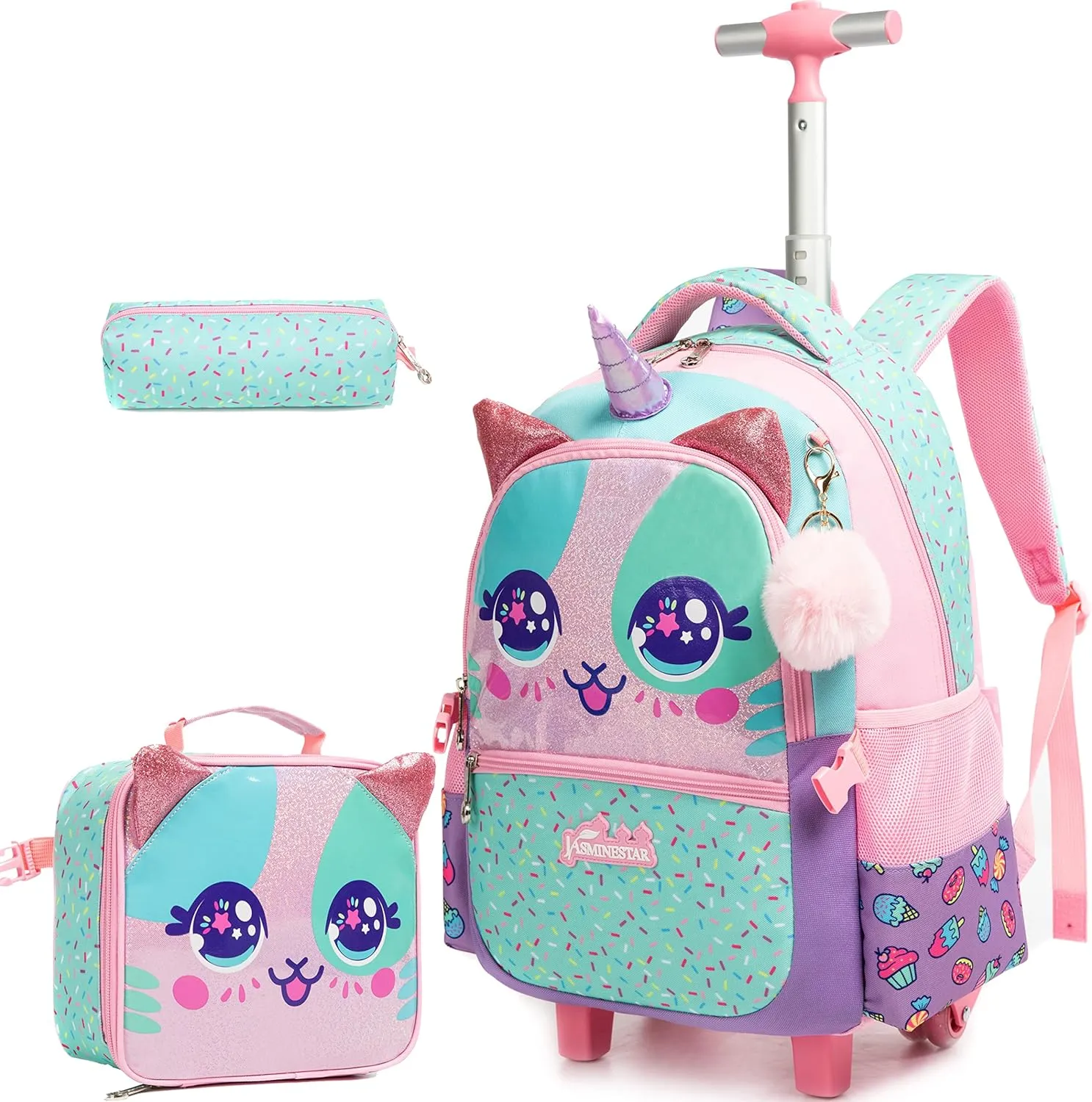 Unicorn Roller Backpack with Wheels Set for Elementary Students Carry on Luggage Bookbag with Roller for Girls Kids