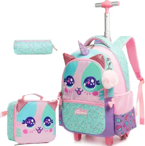 Unicorn Roller Backpack with Wheels Set for Elementary Students Carry on Luggage Bookbag with Roller for Girls Kids