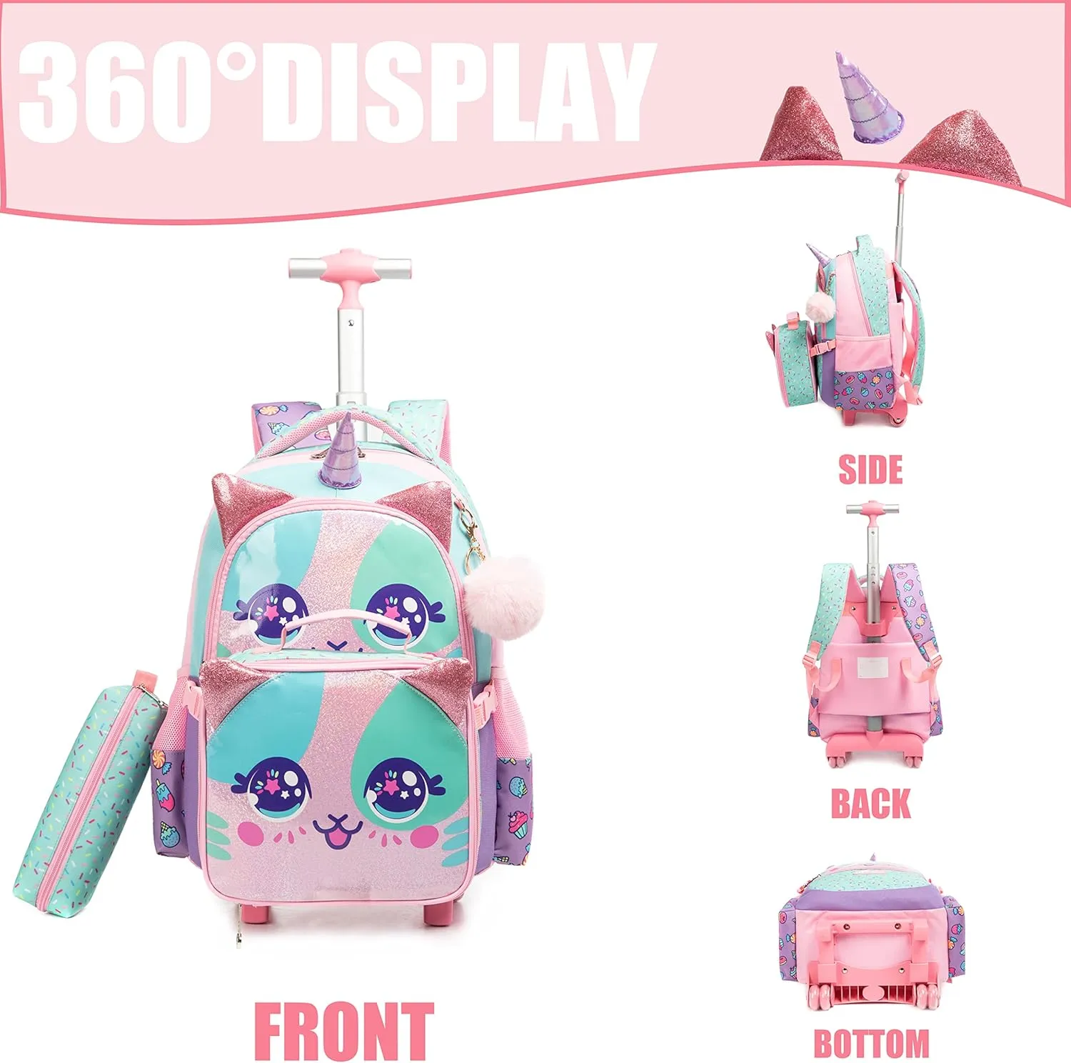 Unicorn Roller Backpack with Wheels Set for Elementary Students Carry on Luggage Bookbag with Roller for Girls Kids