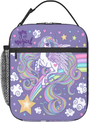 Unicorns With A Long Mane Tail Jumping You Are Magical Insulated Lunch Box Reusable Tote Bag Portable Thermal Cooler Lunch Bag Large Capacity Handbag For Outdoor Work Picnic