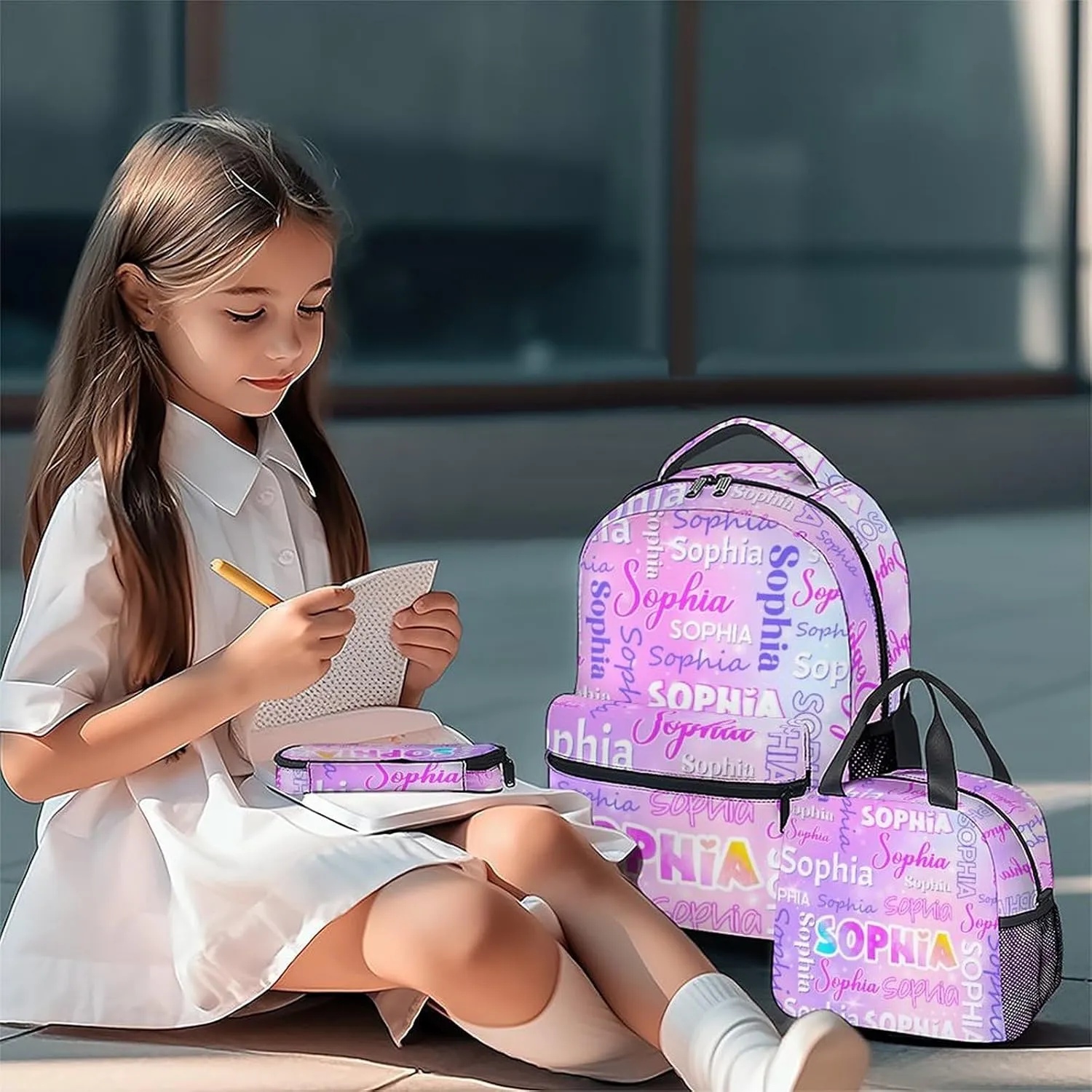 UNIKITTY Personalized Backpack with Lunch Box - Custom Backpack for Girls - Custom Kids Bookbag Set for School - 17 Inch Children's School Bag for Primary Elementary