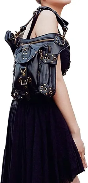 Unisex PU Leather Waist Bag Retro Crossbody Bag Punk Shoulder Bag Travelling Hiking Fanny Pack for Men and Women