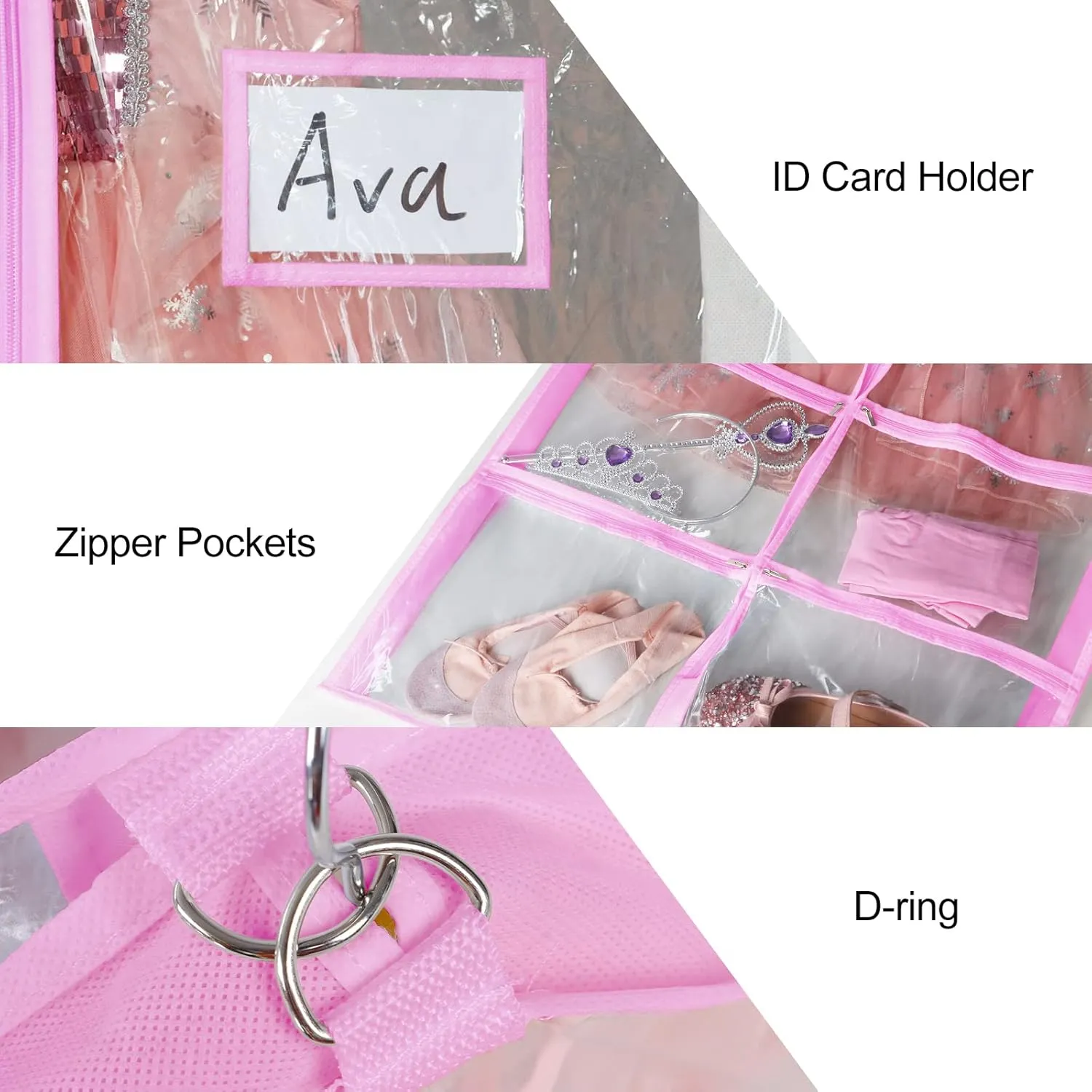 Univivi Clear Pink PVC Dance Costume Bags Garment Bag 40 Inch for Dance Competitions, with 4 Medium Clear Zipper Pockets and 1 Large Back Zippered Pocket(Clear/Pink)