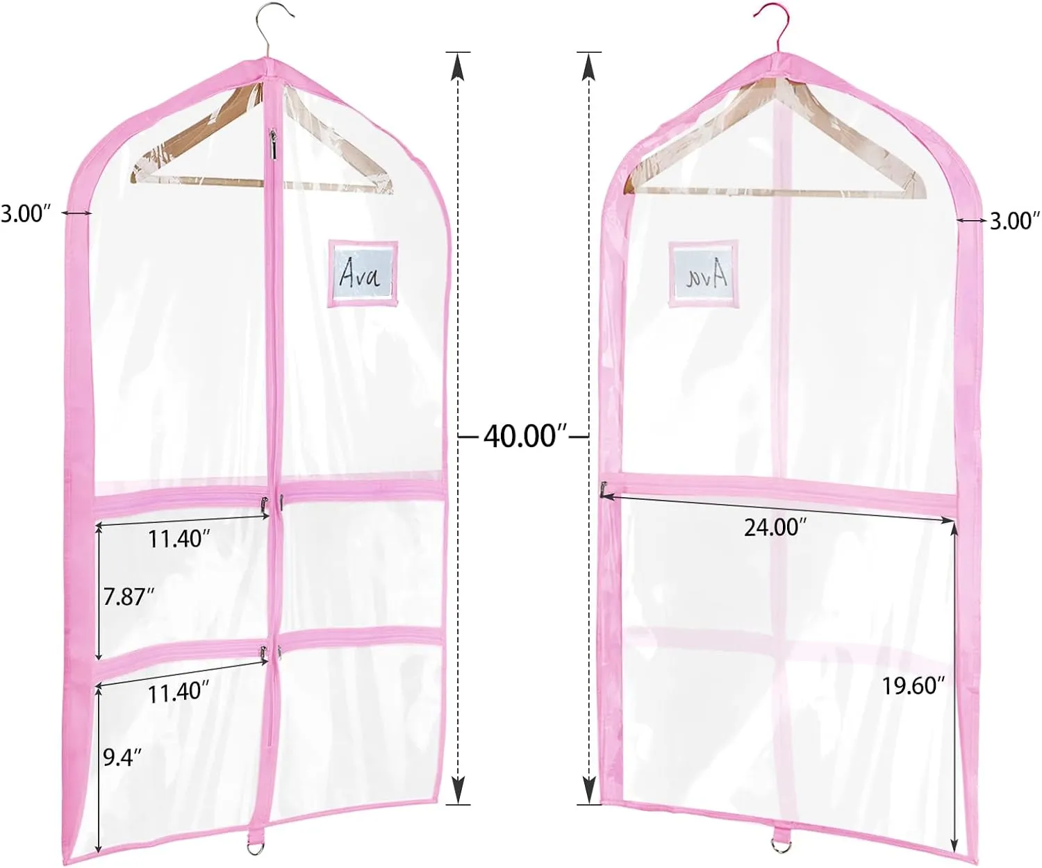 Univivi Clear Pink PVC Dance Costume Bags Garment Bag 40 Inch for Dance Competitions, with 4 Medium Clear Zipper Pockets and 1 Large Back Zippered Pocket(Clear/Pink)