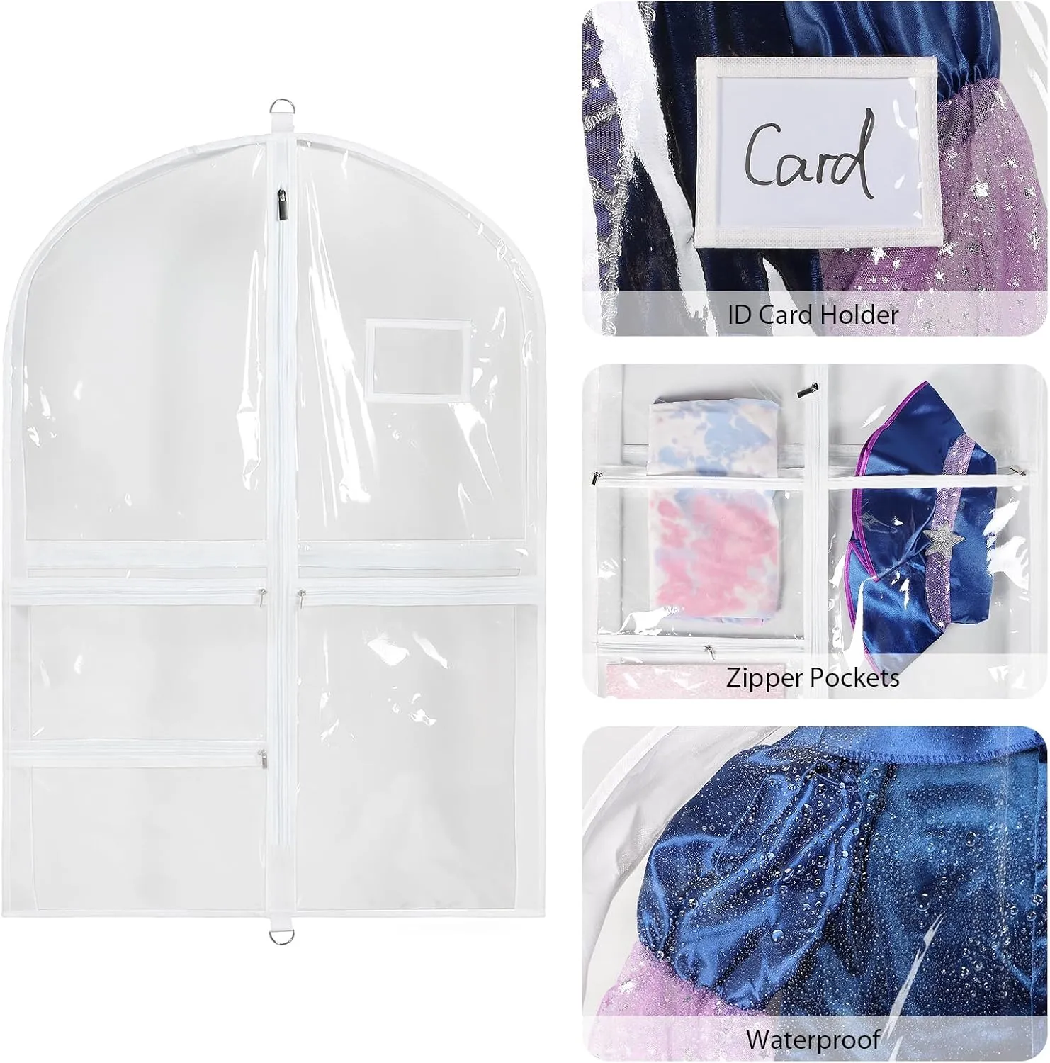 Univivi Clear PVC Dance Costume Bags, 35 Inch Garment Bag for Dance Competitions, with 3 Seperated Medium Clear Zipper Pockets and 1 Large Back Zippered Pocket (White, 2 Pack)