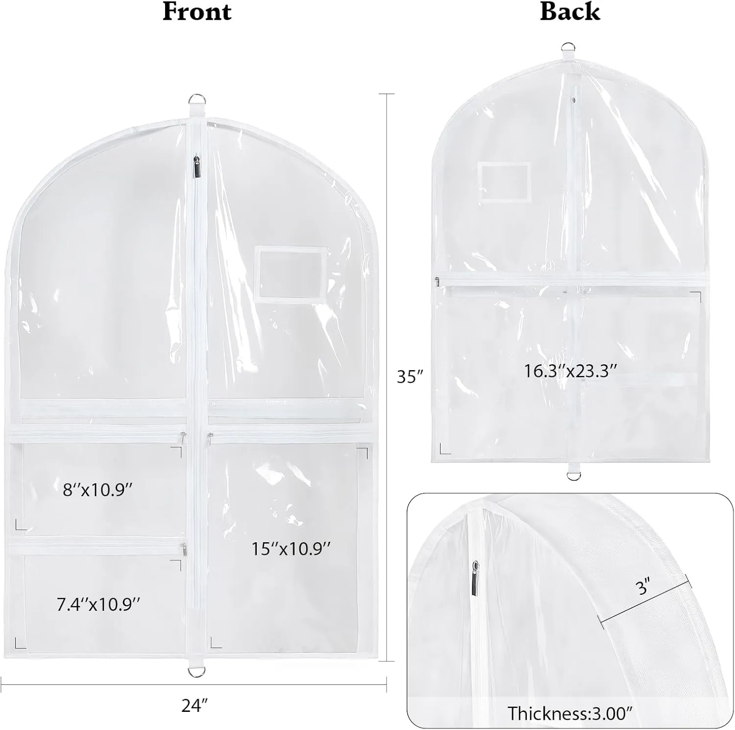 Univivi Clear PVC Dance Costume Bags, 35 Inch Garment Bag for Dance Competitions, with 3 Seperated Medium Clear Zipper Pockets and 1 Large Back Zippered Pocket (White, 2 Pack)