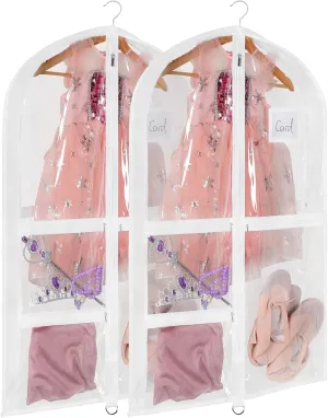 Univivi Clear PVC Dance Costume Bags, 35 Inch Garment Bag for Dance Competitions, with 3 Seperated Medium Clear Zipper Pockets and 1 Large Back Zippered Pocket (White, 2 Pack)