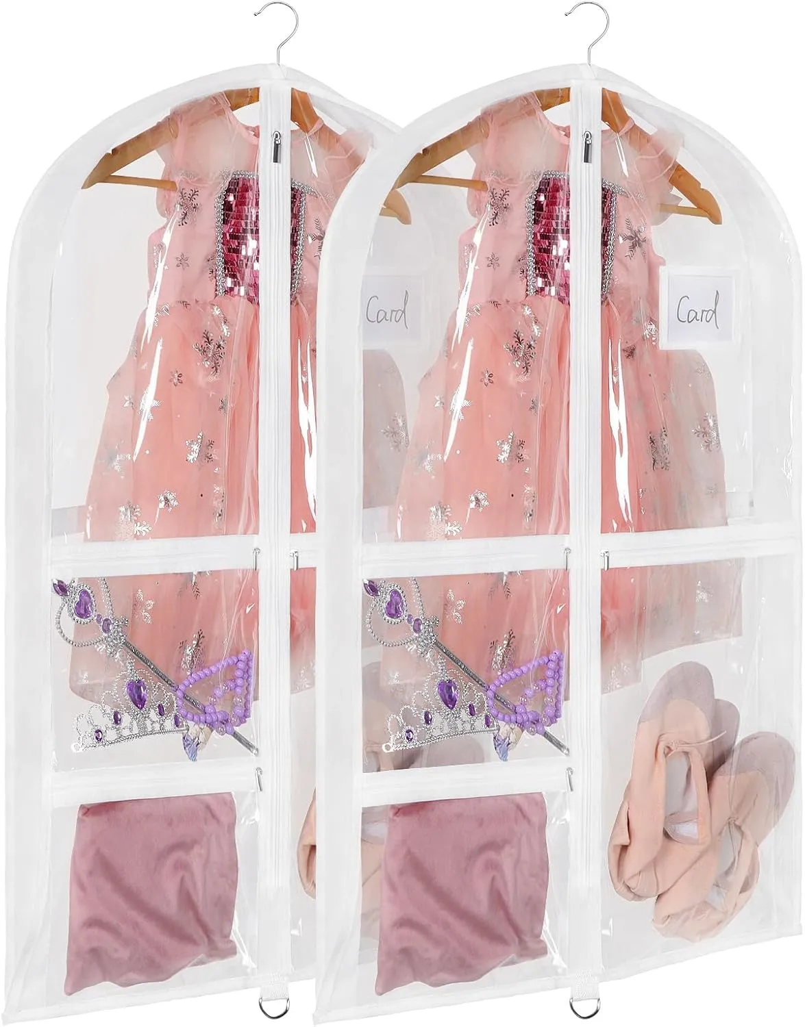 Univivi Clear PVC Dance Costume Bags, 35 Inch Garment Bag for Dance Competitions, with 3 Seperated Medium Clear Zipper Pockets and 1 Large Back Zippered Pocket (White, 2 Pack)