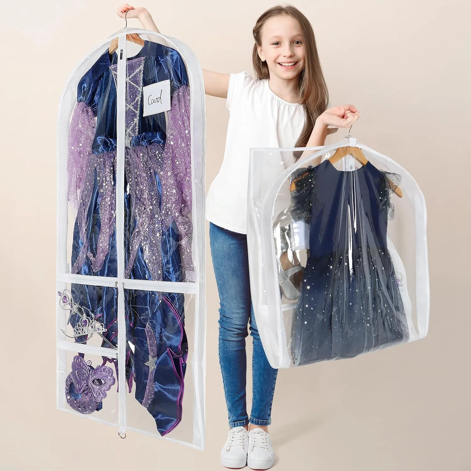 Univivi Clear PVC Dance Costume Bags, 50 Inch Garment Bag for Dance Competitions, with 3 Seperated Medium Clear Zipper Pockets and 1 Large Back Zippered Pocket (White, 2 Pack)