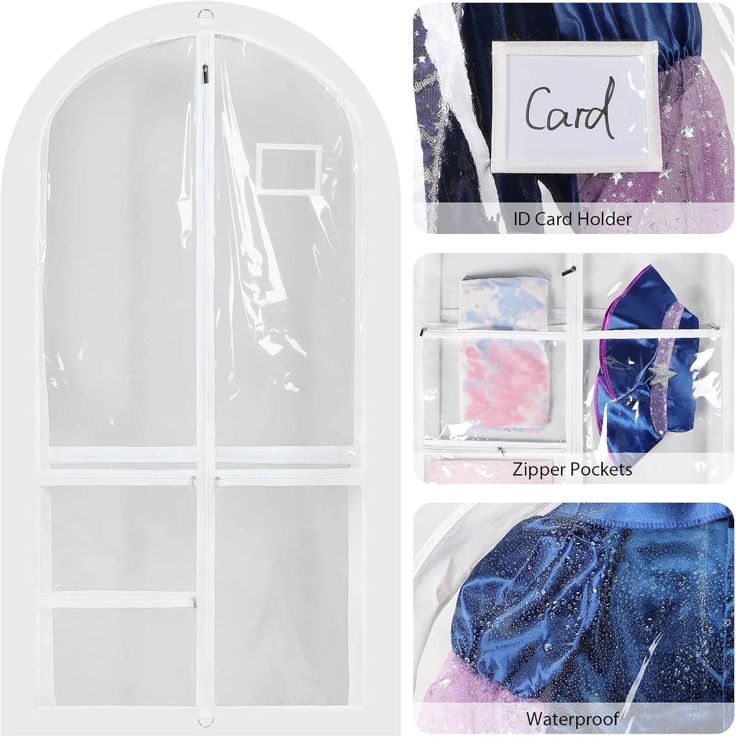 Univivi Clear PVC Dance Costume Bags, 50 Inch Garment Bag for Dance Competitions, with 3 Seperated Medium Clear Zipper Pockets and 1 Large Back Zippered Pocket (White, 2 Pack)