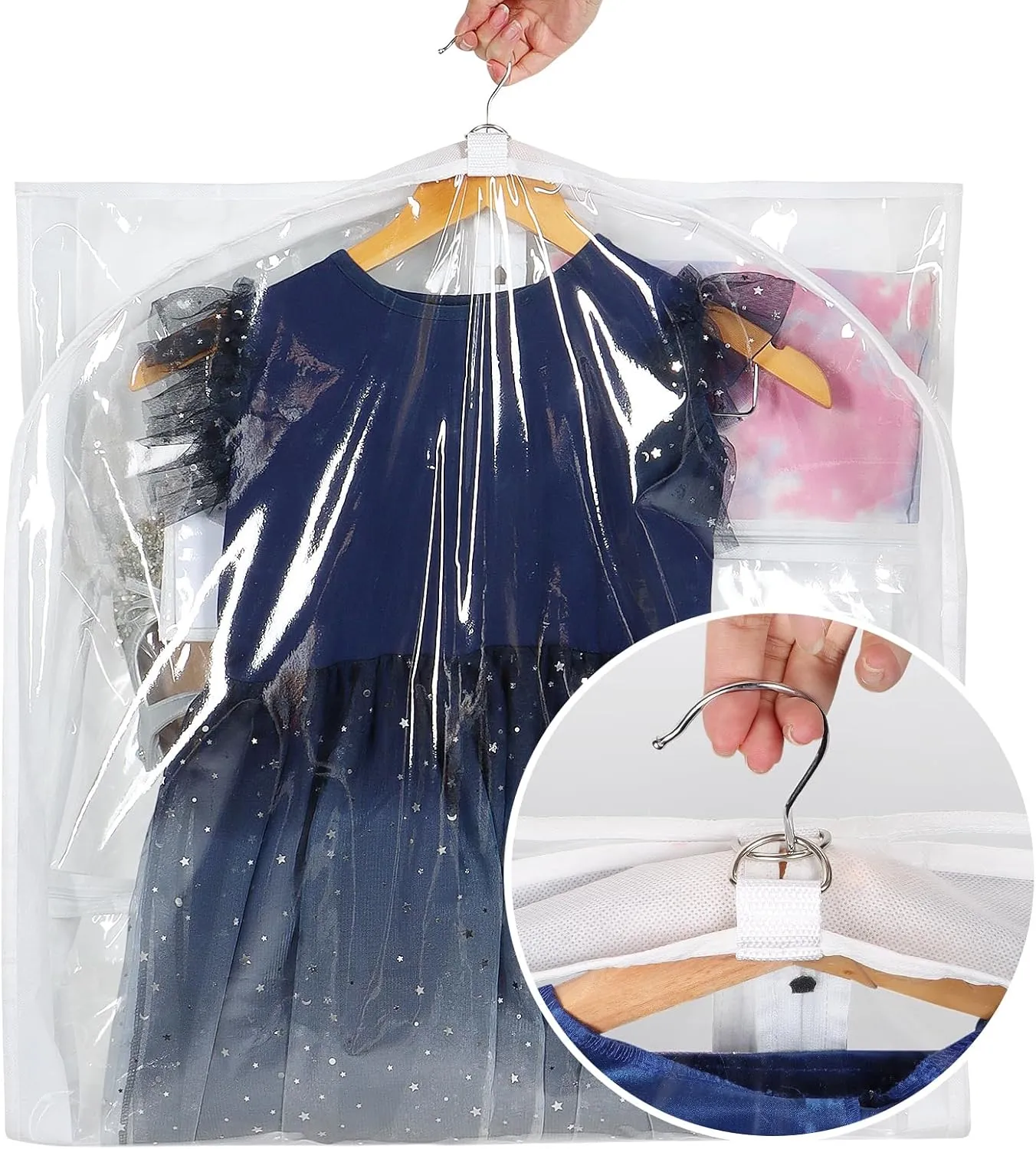 Univivi Clear PVC Dance Costume Bags, 50 Inch Garment Bag for Dance Competitions, with 3 Seperated Medium Clear Zipper Pockets and 1 Large Back Zippered Pocket (White, 2 Pack)