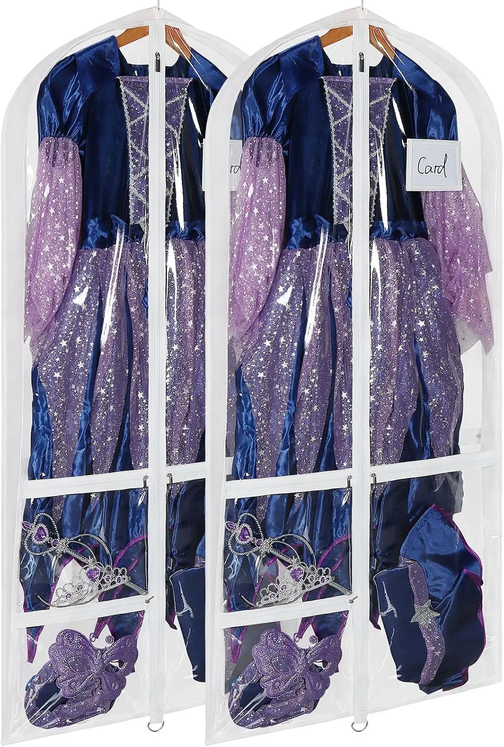 Univivi Clear PVC Dance Costume Bags, 50 Inch Garment Bag for Dance Competitions, with 3 Seperated Medium Clear Zipper Pockets and 1 Large Back Zippered Pocket (White, 2 Pack)