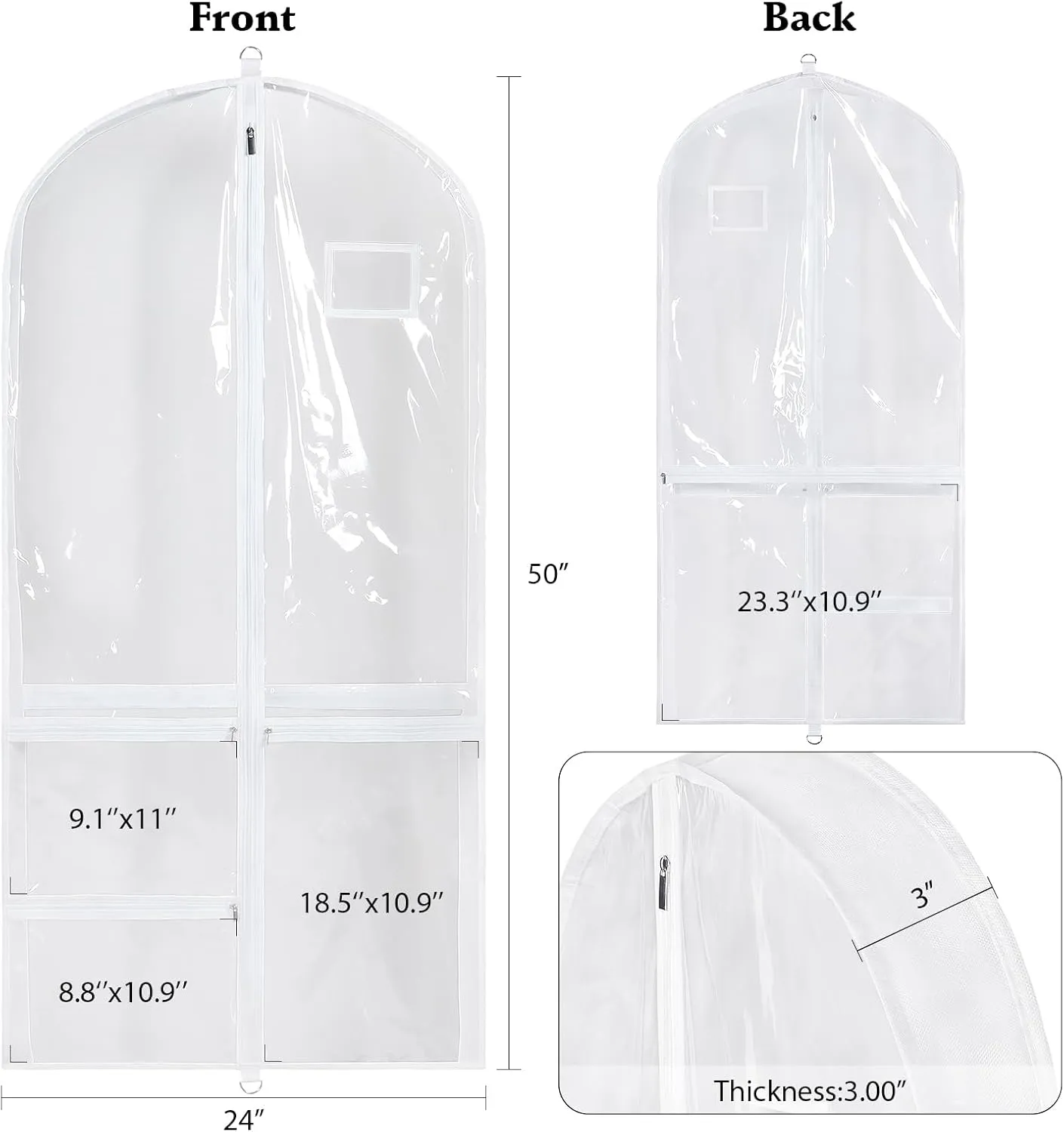 Univivi Clear PVC Dance Costume Bags, 50 Inch Garment Bag for Dance Competitions, with 3 Seperated Medium Clear Zipper Pockets and 1 Large Back Zippered Pocket (White, 2 Pack)