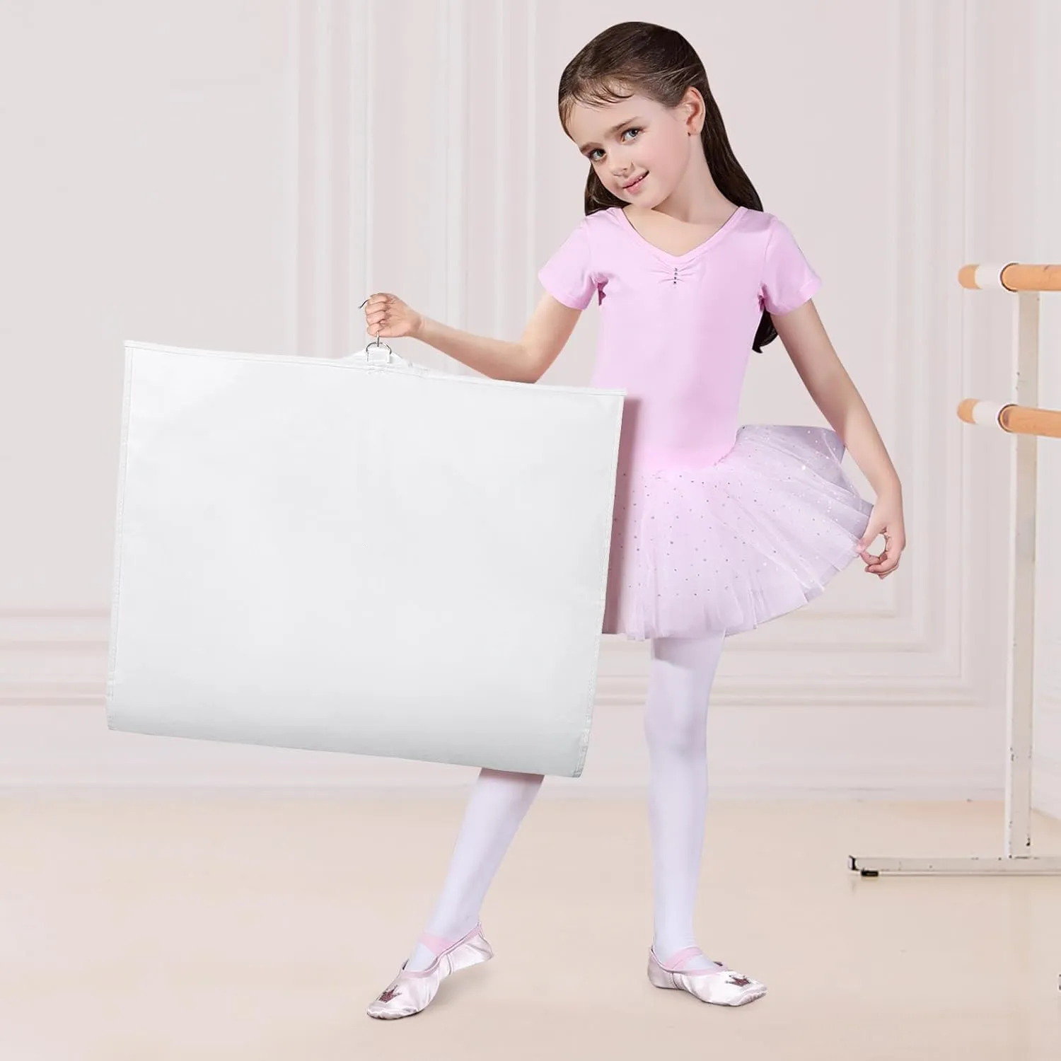 Univivi Dance Costume Garment Bag, 40 Inch Garment Bags for Dance Costumes Kids Dance Costume Bag with 3 Medium Clear Zipper Pockets for Dance Costumes, Hanging Clothes (White) - 4 Pack, UN0783