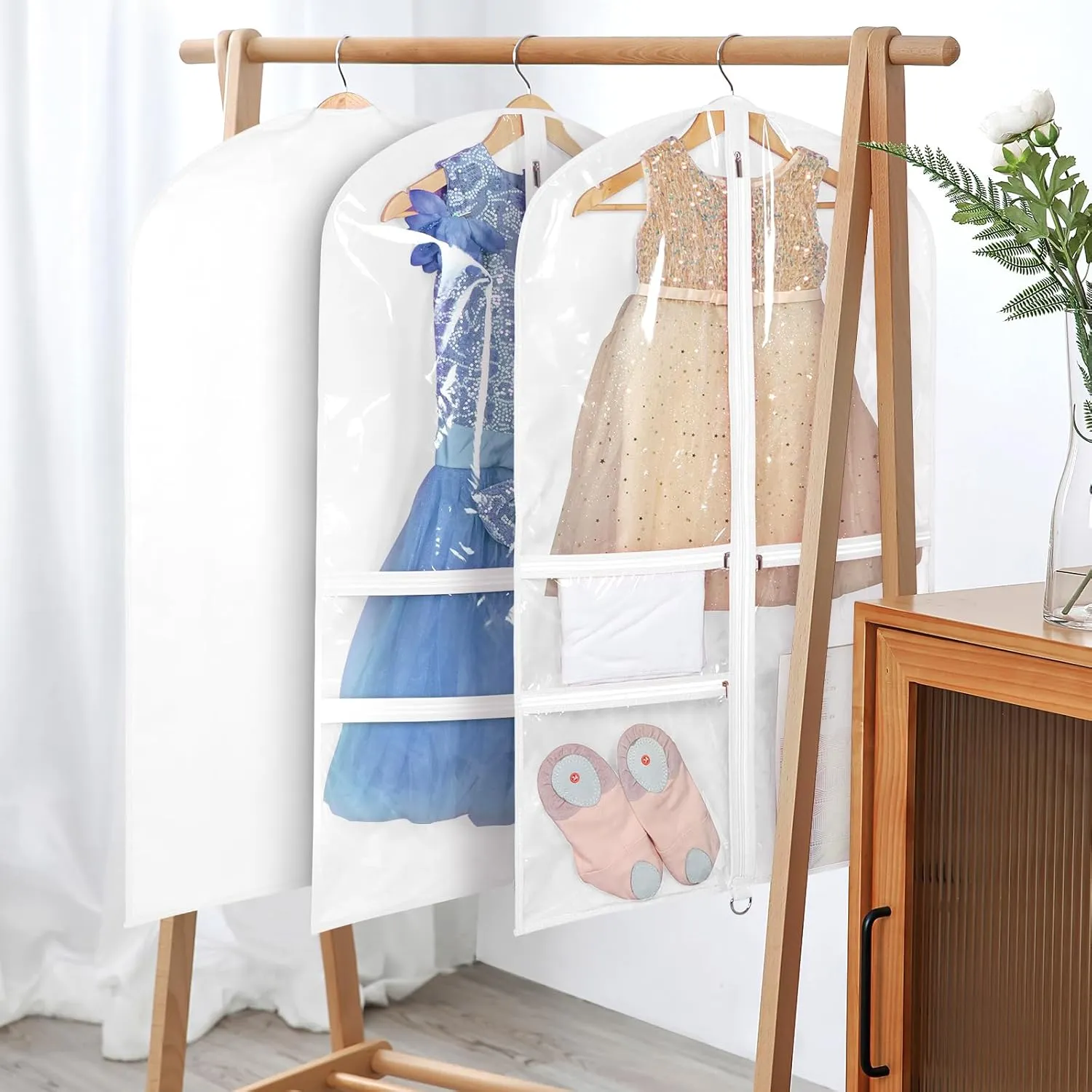 Univivi Dance Costume Garment Bag, 40 Inch Garment Bags for Dance Costumes Kids Dance Costume Bag with 3 Medium Clear Zipper Pockets for Dance Costumes, Hanging Clothes (White) - 4 Pack, UN0783
